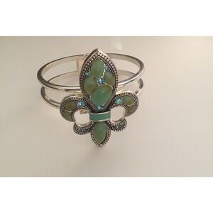 Gorgeous Green Jade & Blue Topaz Fleur de Lis Bangle Bracelet